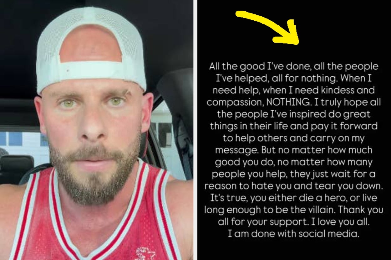 Man in a red tank top with backward cap, text beside reads: "All the good I’ve done is unappreciated. I'm done with social media."