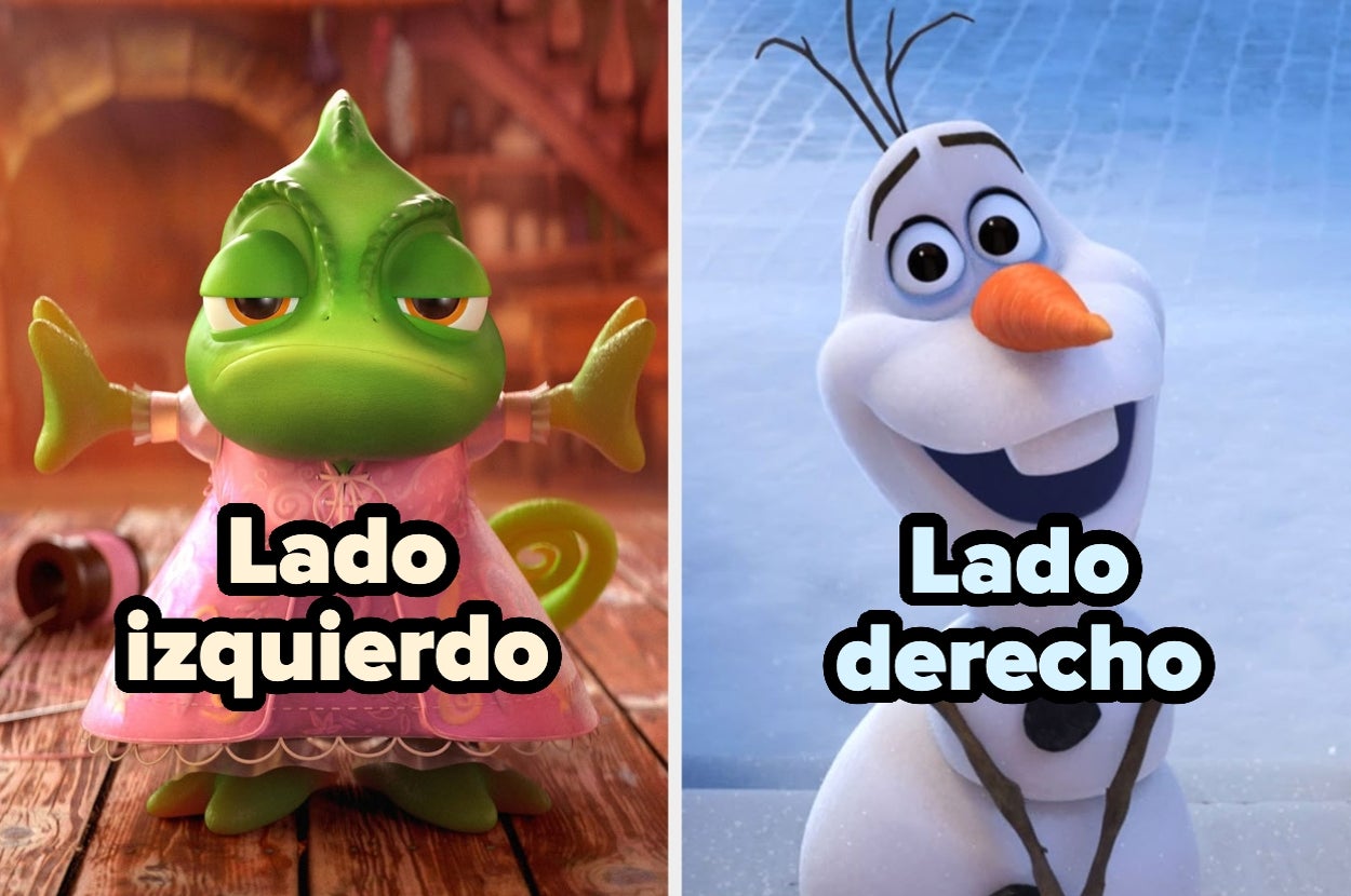 Pascal a la izquierda y Olaf a la derecha, ambos personajes de animación haciendo gestos expresivos. Texto: "Lado izquierdo", "Lado derecho"