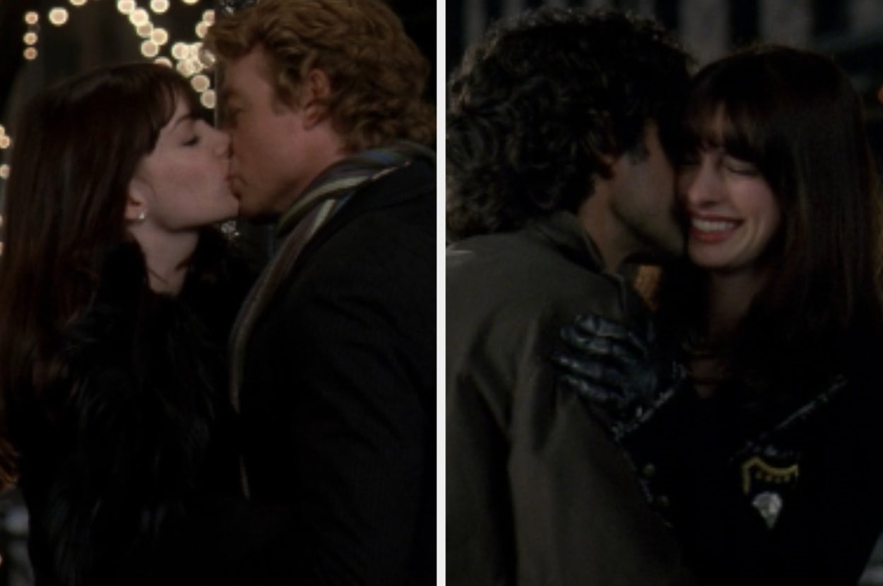 Two images: Left shows a couple kissing; right shows the same woman smiling while hugged by someone else. Both scenes suggest emotional moments