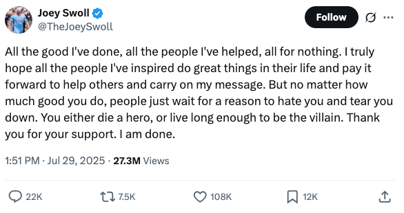 Tweet by Joey Swoll expressing frustration despite helping others, saying people wait to criticize and announcing they&#x27;re done. 27.3M views