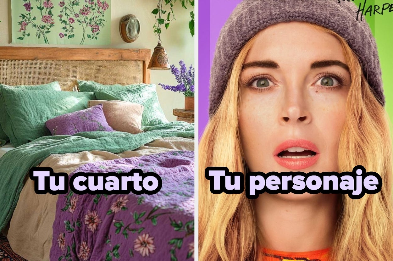 Imagen dividida: a la izquierda, una cama bien arreglada con un dormitorio decorado; a la derecha, una mujer con expresión sorprendida. Texto: "Tu cuarto, Tu personaje"