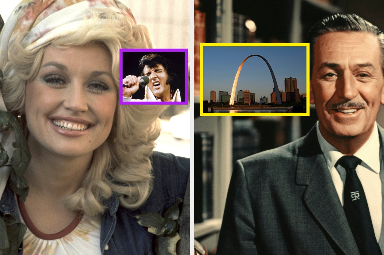 Dolly Parton smiling outdoors; inset of Elvis Presley performing. St. Louis Arch skyline; Walt Disney in a suit. Retro rewind theme