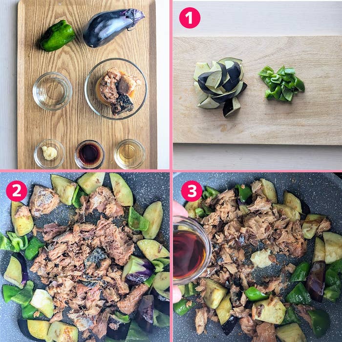 1. 食材(なす、ピーマン)の準備。2. フライパンで野菜とサバを炒める。3. 調味料を加え仕上げる。