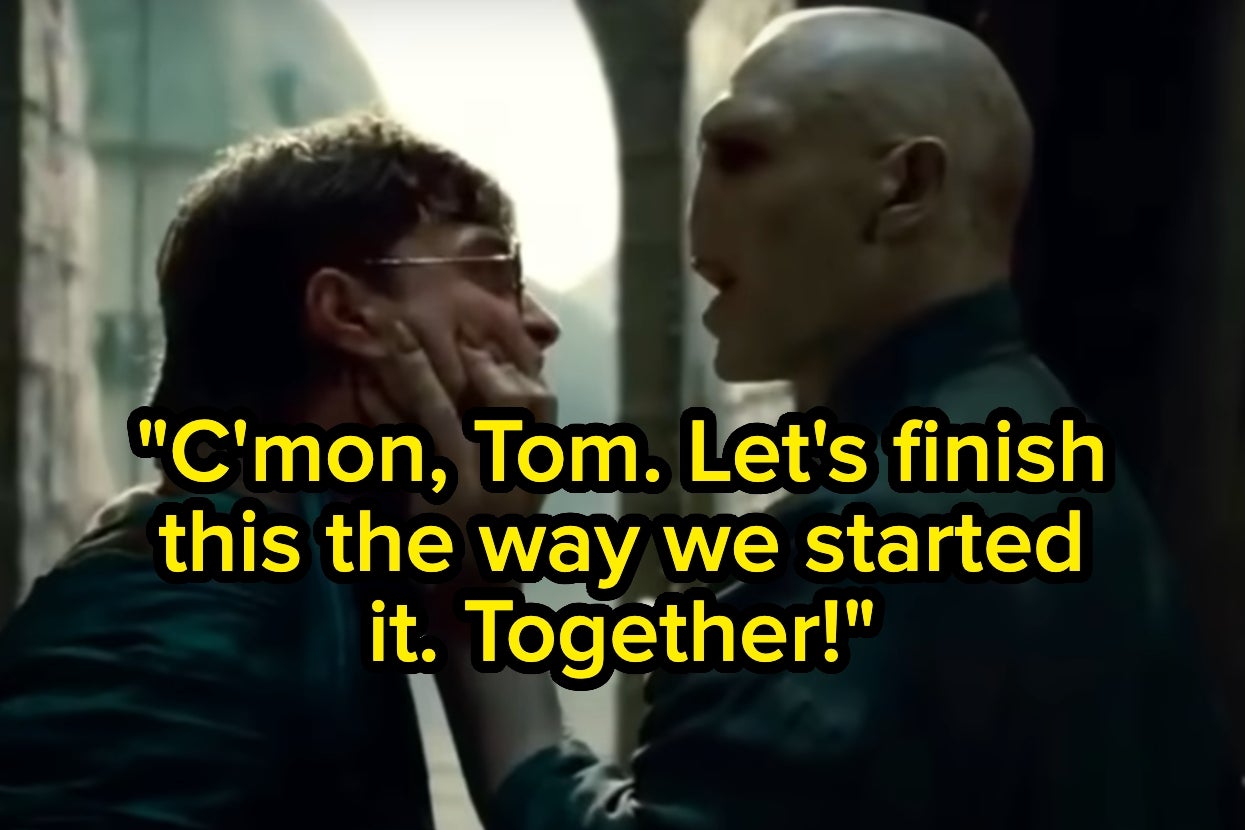 Voldemort holds Harry's face in a dramatic scene. Bold text reads, "C'mon, Tom. Let's finish this the way we started it. Together!"