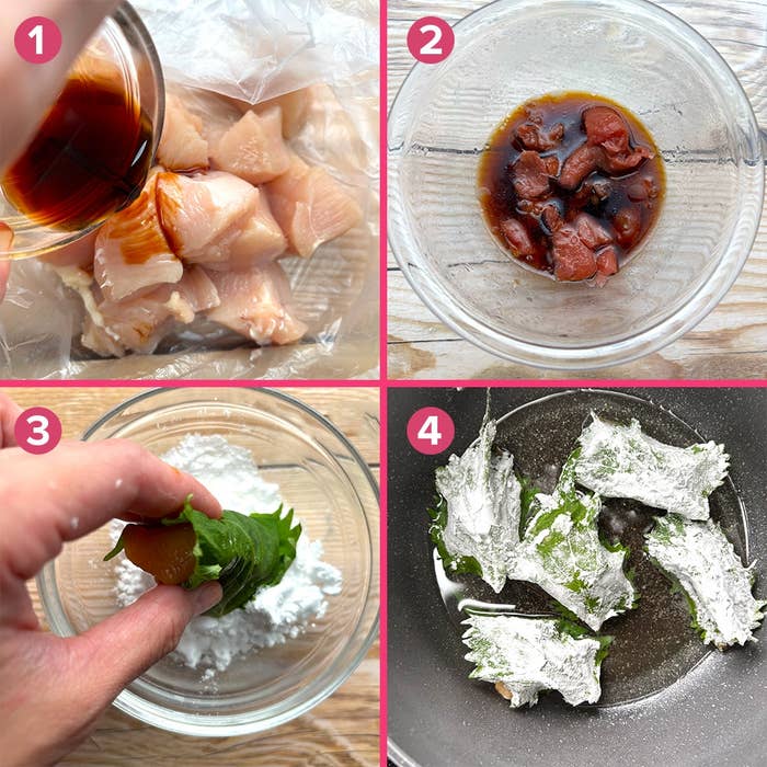 1. 鶏肉に調味料を注ぐ。2. 梅マリネ液。3. シソの葉に粉をつける。4. シソを揚げる。