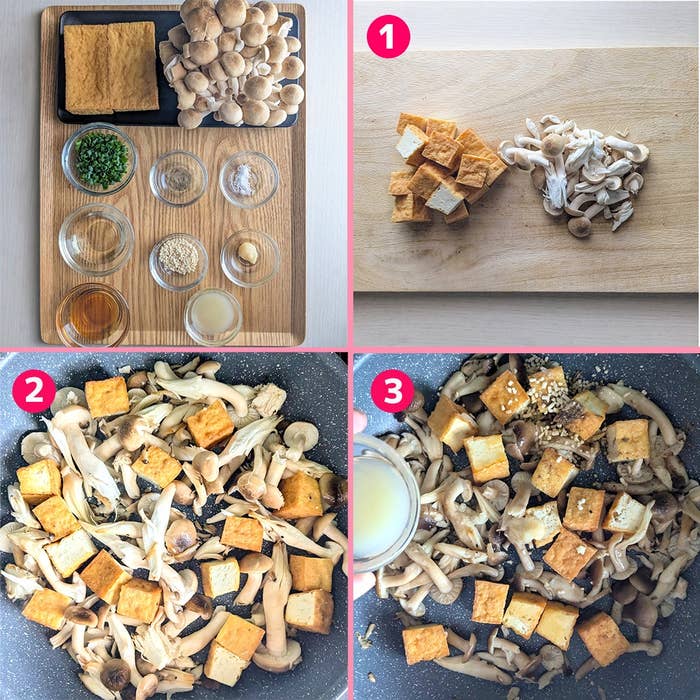 1. きのこと厚揚げを切る様子。2. きのこ炒め中。3. 味付けた豆腐ときのこの完成。