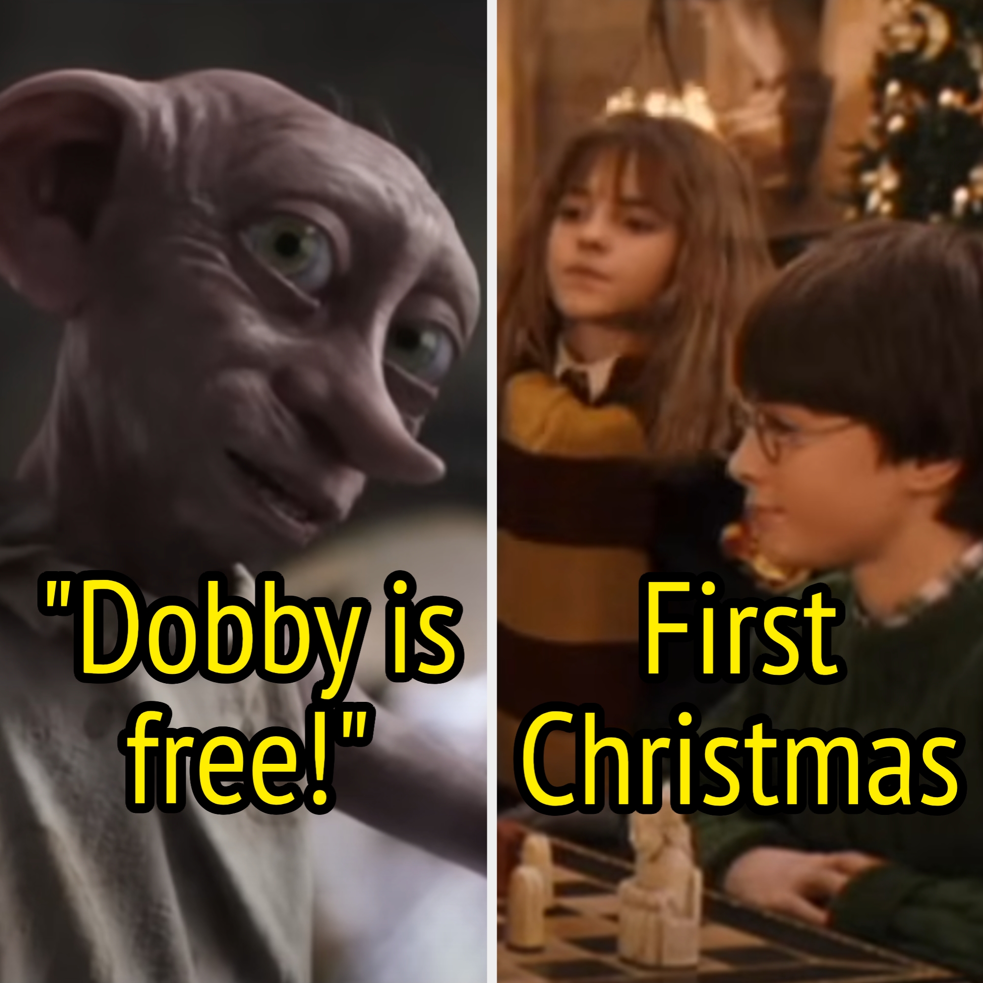 Left: Dobby, a house-elf, looking back with the quote "Dobby is free!" Right: Harry and Hermione in cozy sweaters celebrating Christmas with text "First Christmas"