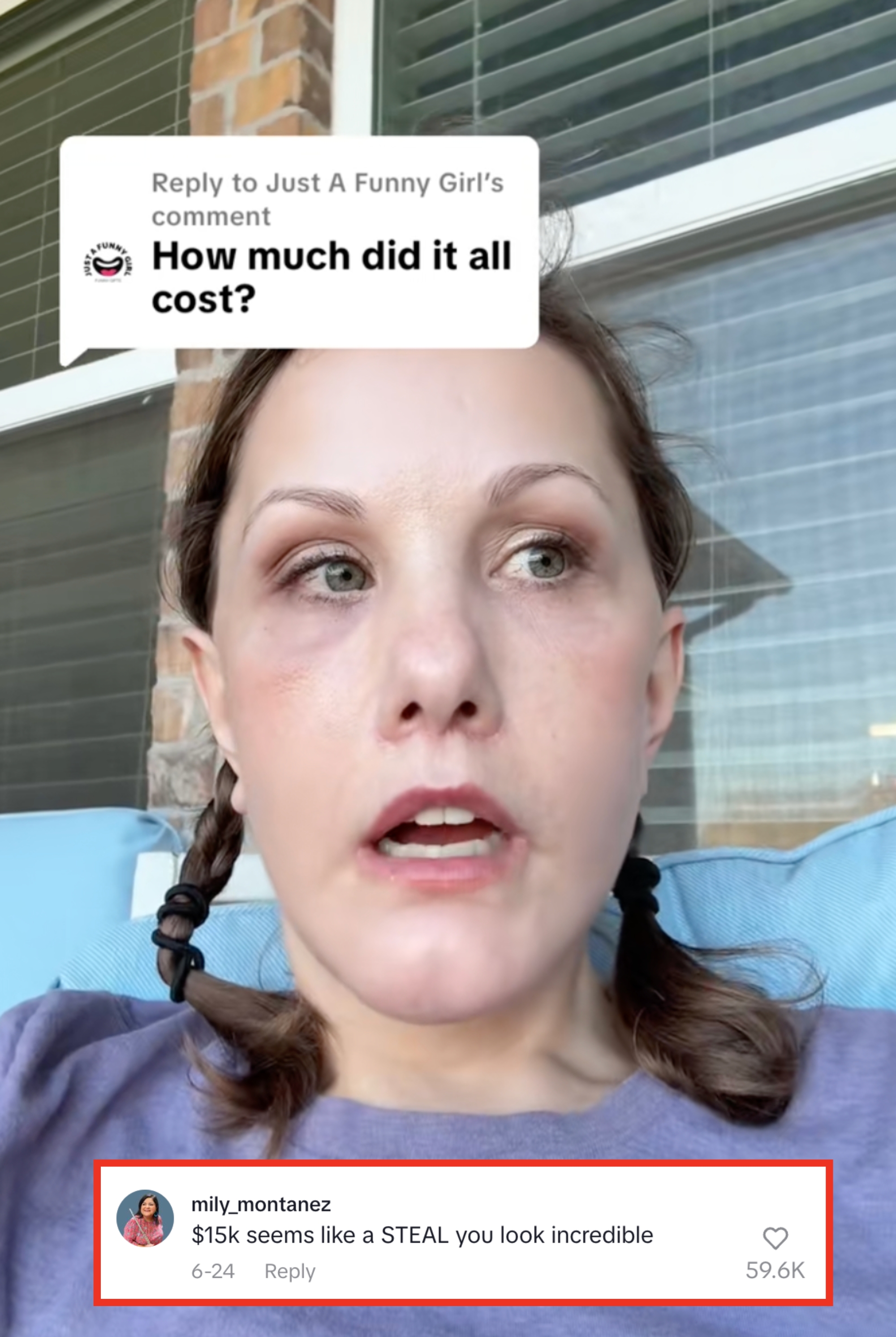 Person with braided hair responds to a comment about costs while lounging outdoors