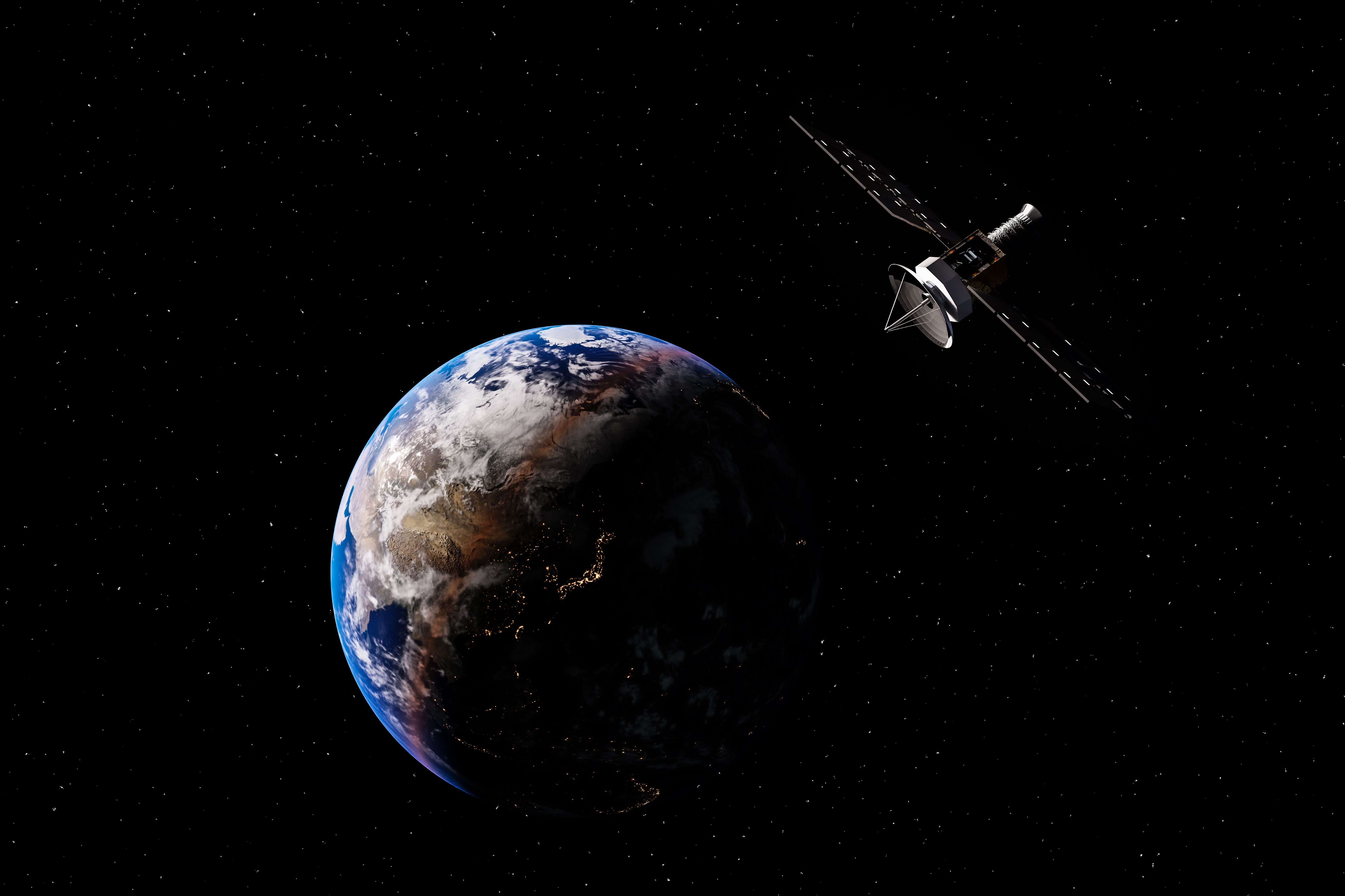 A satellite orbits Earth amid a starry space background