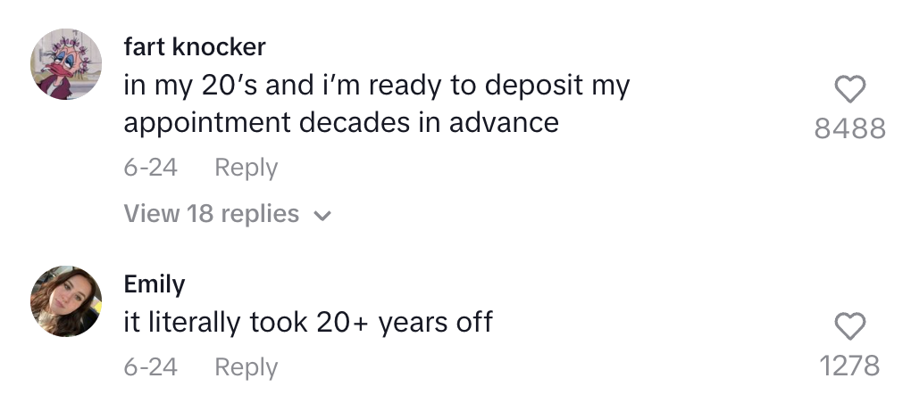 Two online comments about aging: one jokes about scheduling appointments early, the other mentions feeling significantly rejuvenated
