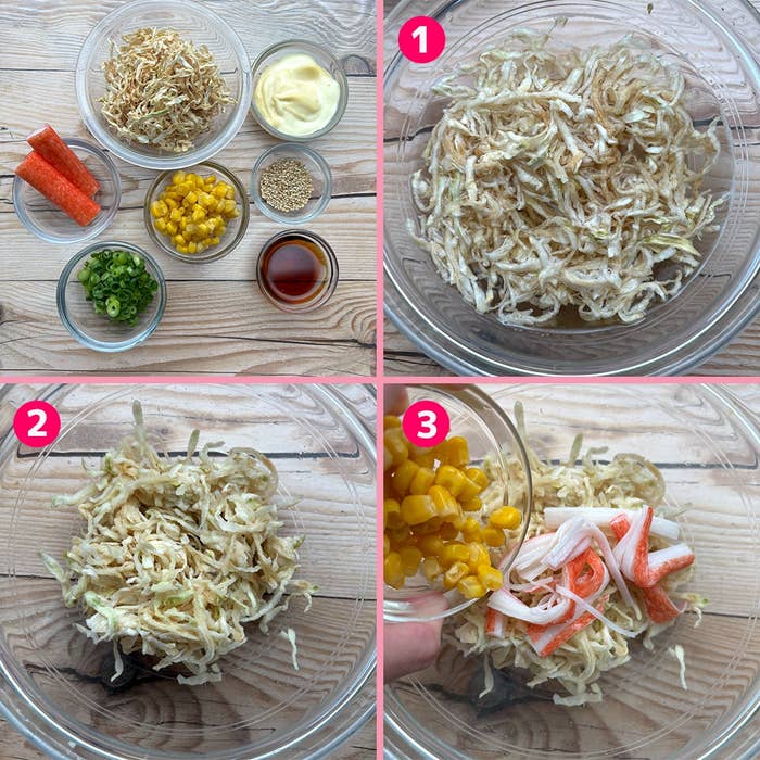 4段の画像で、サラダに材料を混ぜています。切り干し大根に、ごま、トウモロコシ、カニカマ、マヨネーズが加えられています。