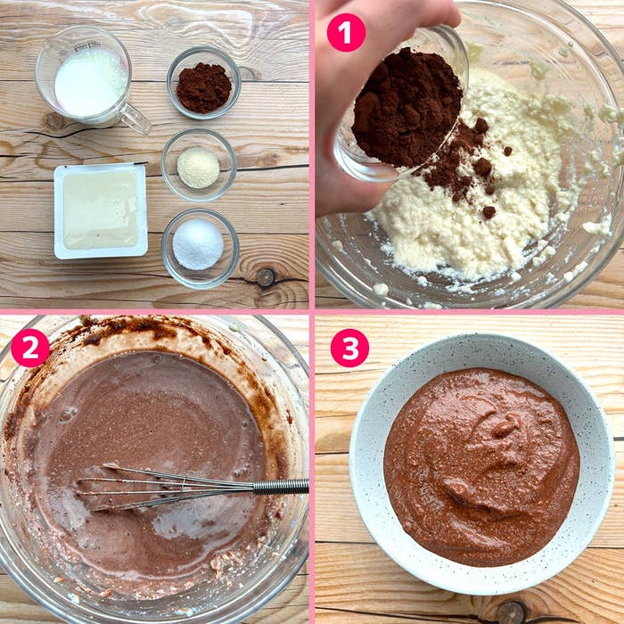 シンプルな材料でチョコムースを作る3段階の手順。