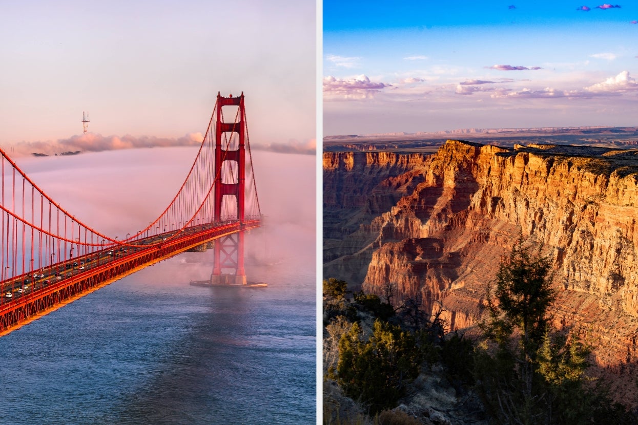 Golden Gate Bridge shrouded in fog; Grand Canyon's rugged cliffs at sunset