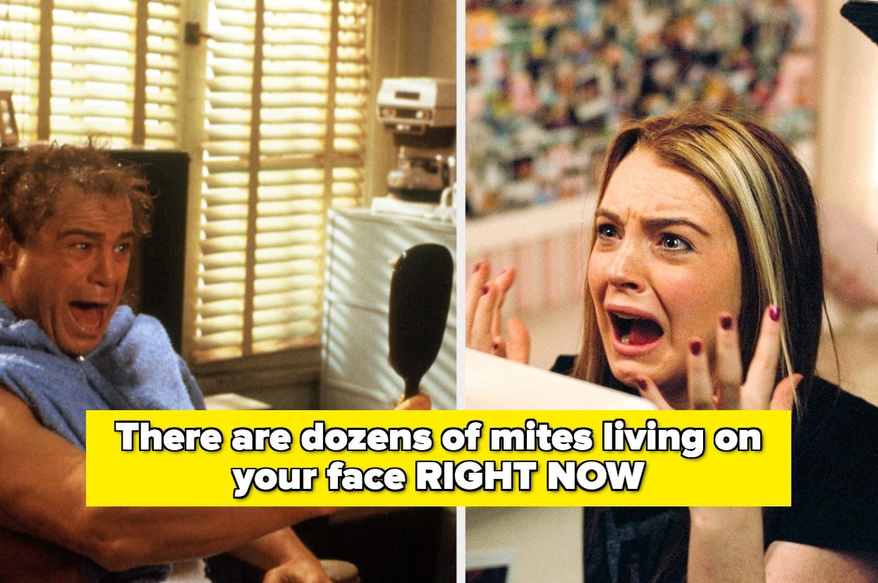 Two shocked people reacting; text reads: "There are dozens of mites living on your face RIGHT NOW."
