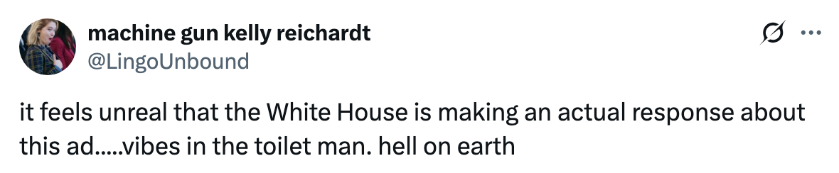Tweet expressing disbelief about the White House responding to an ad, describing it as &quot;vibes in the toilet man. hell on earth.&quot;