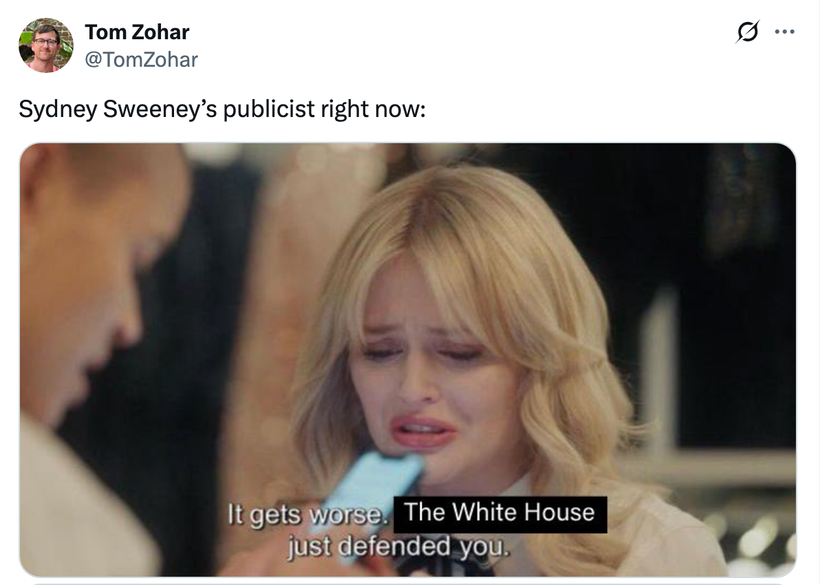 A woman with long hair looks distressed while holding a phone. Text overlay reads, “It gets worse. The White House just defended you.”