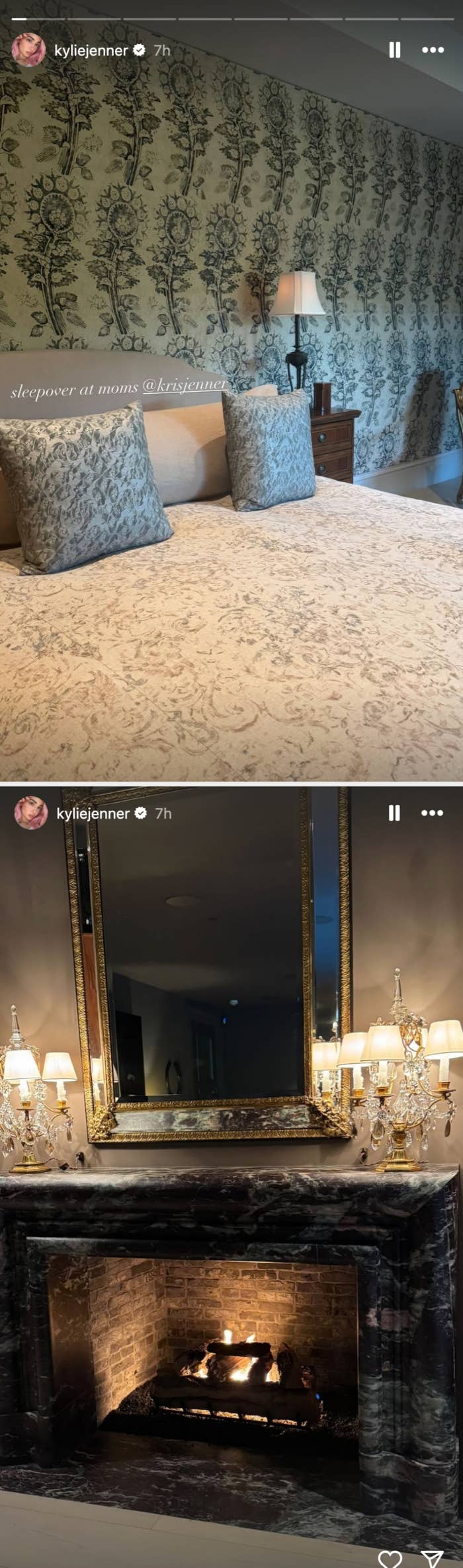 Two photos: One of a bedroom with patterned pillows and floral wallpaper, and one of a lit fireplace with a large mirror and elegant lamp above it