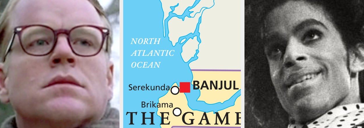 A split image: left shows a person in glasses and scarf; center is a map highlighting Banjul; right shows a person smiling, wearing a polka-dot shirt