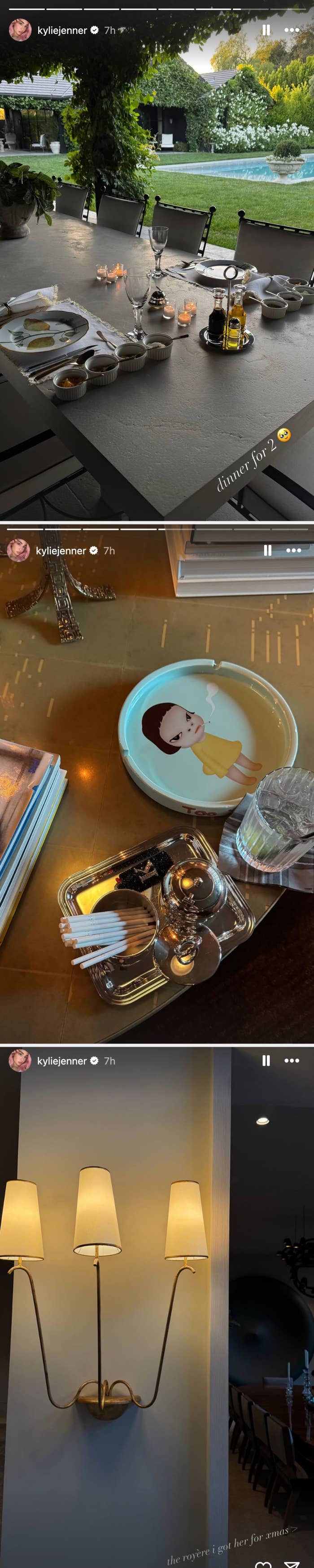 Pics of an outdoor table set for two with dinnerware, candles, and small dishes; pool and lush garden in the background; cutlery and plates; and an elegant lamp on a wall