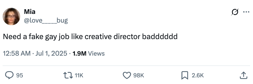 Tweet from user Mia joking about wanting a creative director job perceived as "fake."
