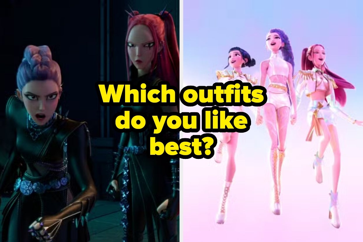 Huntrix wearing dark, edgy styles; and then again in light, vibrant attire. Text asks, "Which outfits do you like best?"