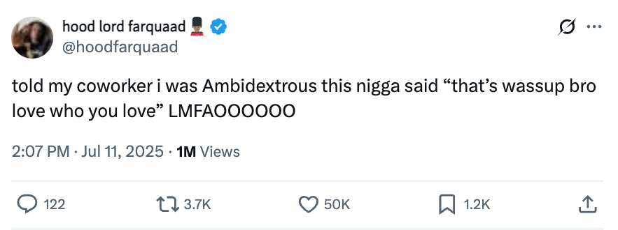 Tweet about a humorous misunderstanding regarding being ambidextrous, with high engagement shown by likes and retweets