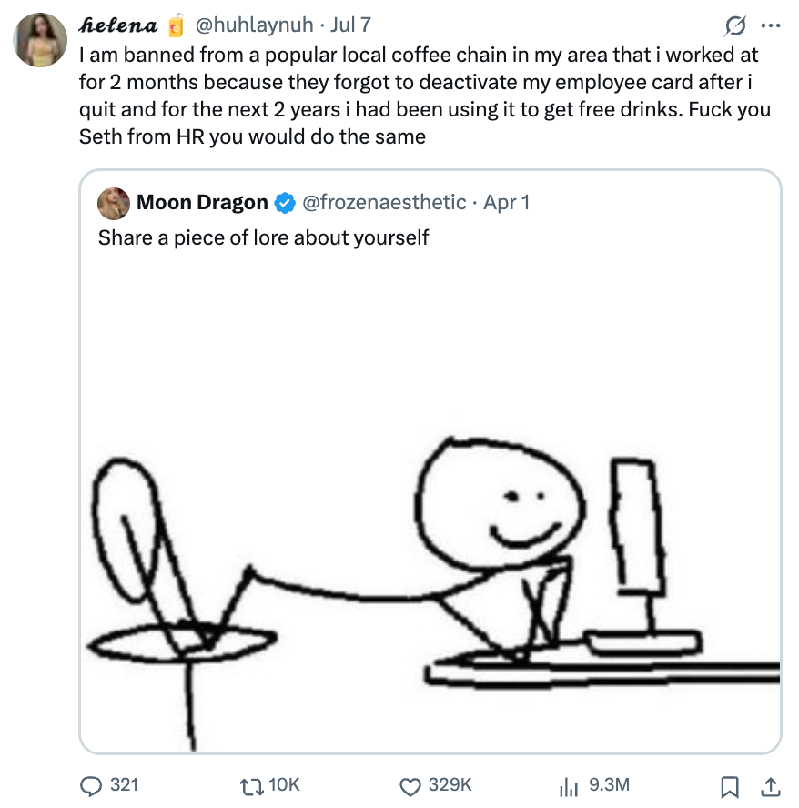 Tweet showing a stick figure at a computer with text about using an employee card for free drinks post-quitting