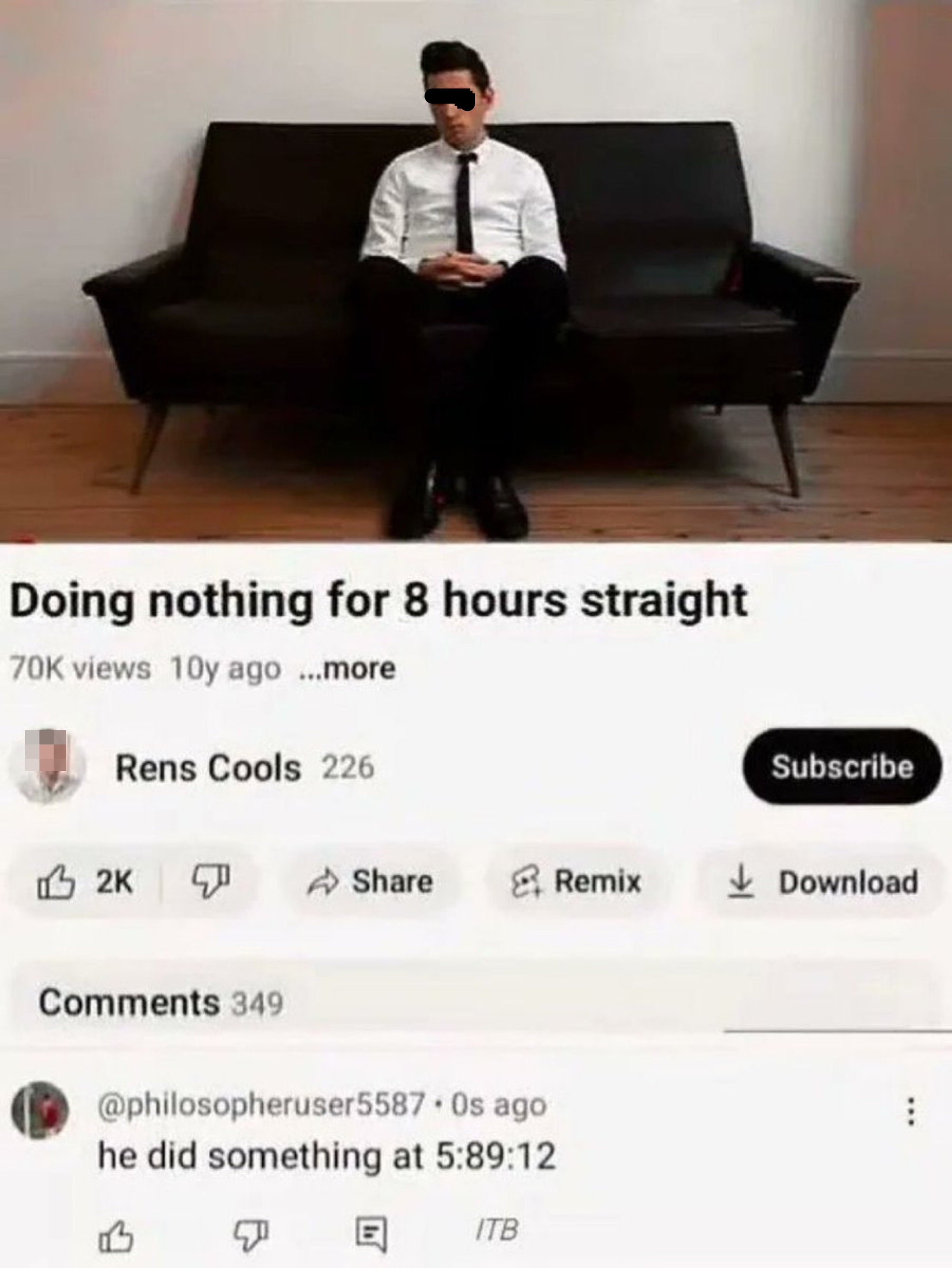 A man sits on a couch in a video titled &quot;Doing nothing for 8 hours straight.&quot; A comment notes he did something at 5:89:12