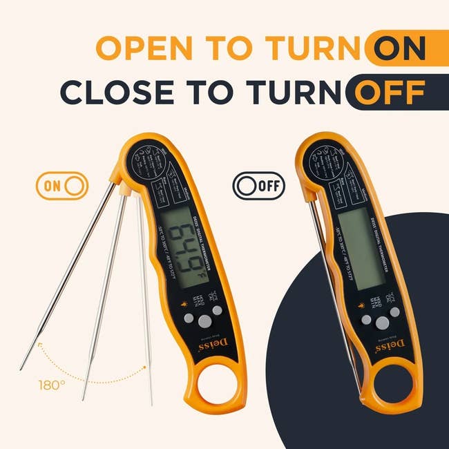 Digital cooking thermometer showing unfastened for usage with probe astatine 180 degrees, and closed to crook off. Large show and buttons visible