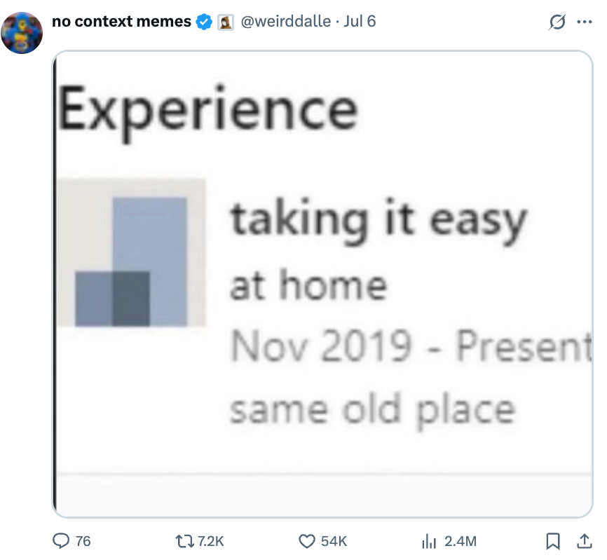 Parody job experience listing: "taking it easy at home, Nov 2019 - Present, same old place."