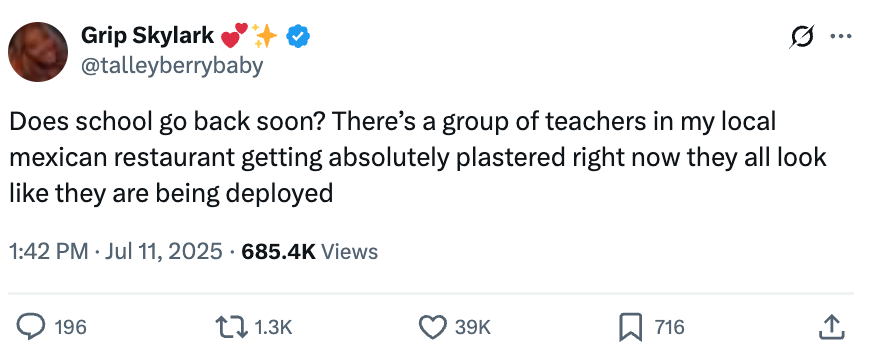 Tweet jokes about teachers partying at a restaurant as if they're preparing for deployment before school resumes