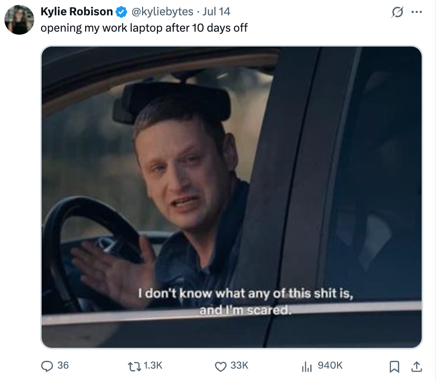 Man in car looks frustrated, gesturing while saying, "I don't know what any of this is, and I'm scared," reacting to opening work laptop after a break
