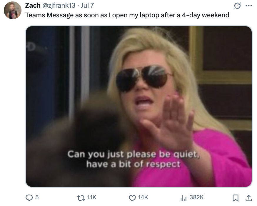 Person in sunglasses holding up hand, wearing pink top, with caption: "Can you just please be quiet, have a bit of respect." Tweet above reads: "Teams Message as soon as I open my laptop after a 4-day weekend."