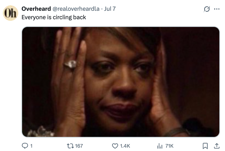 Woman looking stressed with hands on face, captioned "Everyone is circling back" in a tweet by @realoverheardla