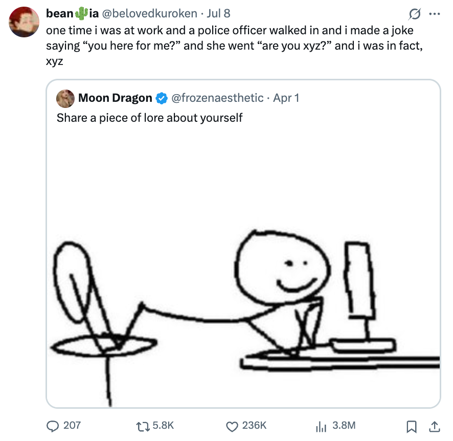 Tweet with a meme: Stick figure smiles at a computer. Caption describes a humorous interaction with a police officer at work