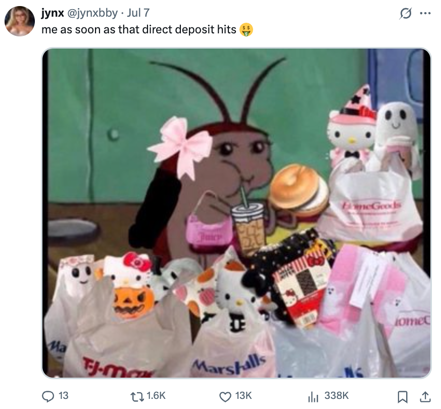 Cartoon cockroach with a bow drinks from a to-go cup surrounded by shopping bags and food items in a humorous meme