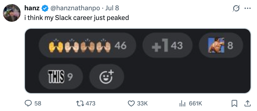 Tweet by hanz with emojis as Slack reactions: clapping, +1, angel. Text above: "i think my Slack career just peaked."