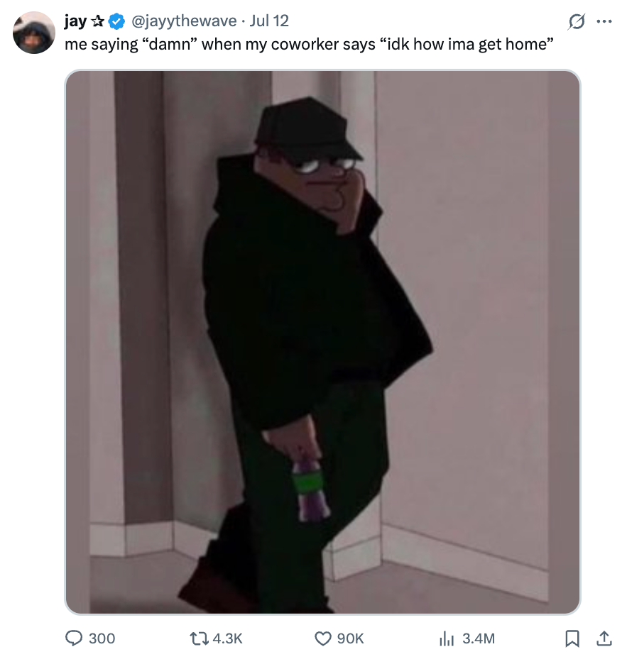 Peter Griffin in dark clothing, holding a drink, against a wall