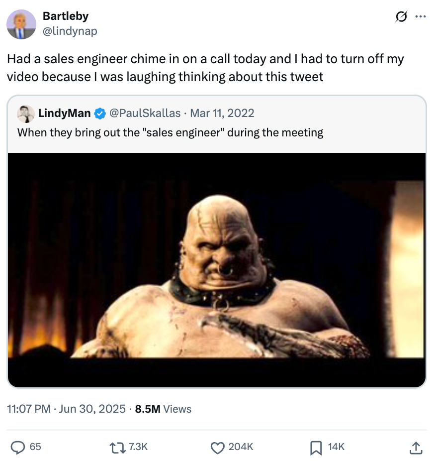 Meme tweet showing a character resembling a large warrior, humorously captioned about a sales engineer joining a meeting