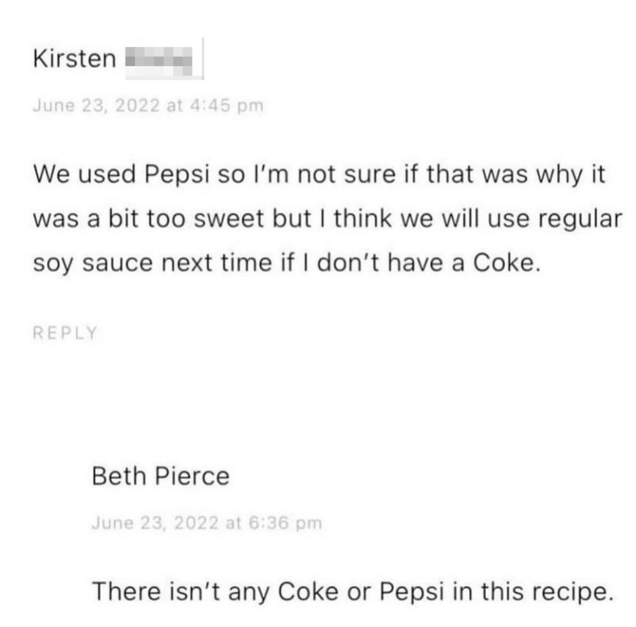 Comment exchange discussing a recipe mistake; Pepsi and soy sauce were used instead of Coke, with a note confirming Coke wasn&#x27;t in the original recipe