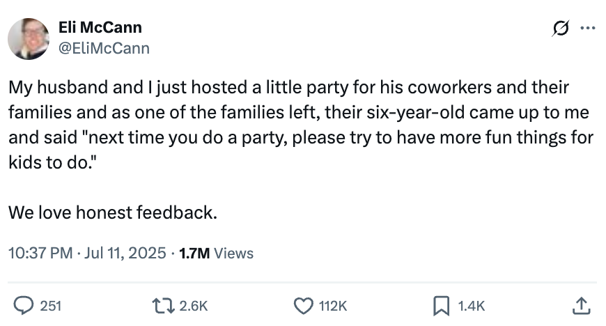 Tweet by Eli McCann about hosting a party where a child suggested more activities for kids next time