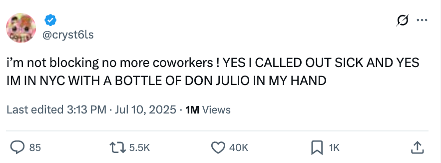 Tweet jokingly admits calling out sick to be in NYC with a drink, gaining viral attention with 1M views