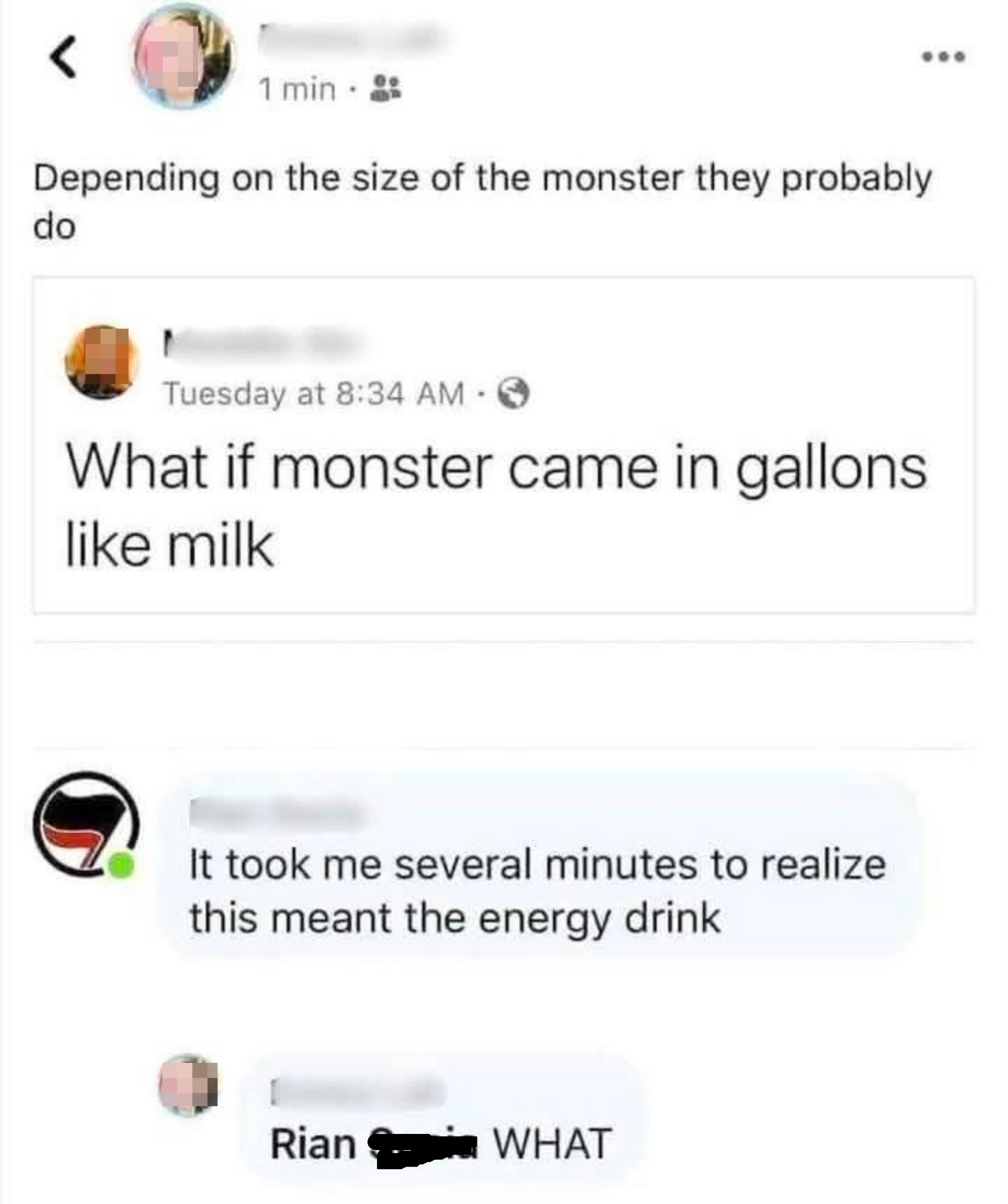 Social media post about mistaking &#x27;monster&#x27; for milk gallons, referring to the energy drink, sparking humorous confusion in comments