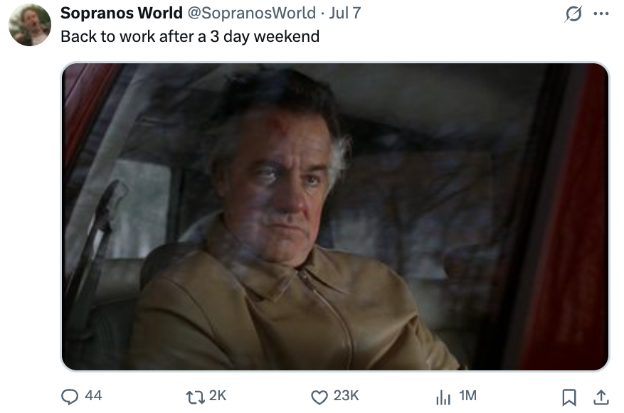 A man sits in a car looking contemplative, as shared in a tweet by Sopranos World about returning to work after a 3-day weekend