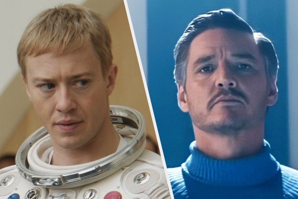 Left Jospeh Quinn a space suit, right Pedro Pascal in a futuristic blue turtleneck