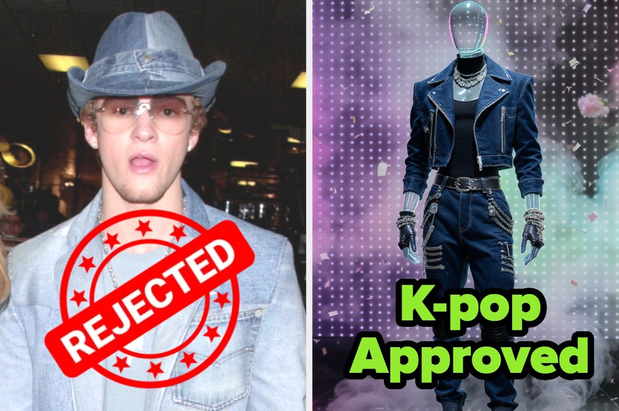Split image. Left: person wearing denim jacket and hat with "Rejected" stamp. Right: mannequin in high-fashion denim outfit labeled "K-pop Approved."