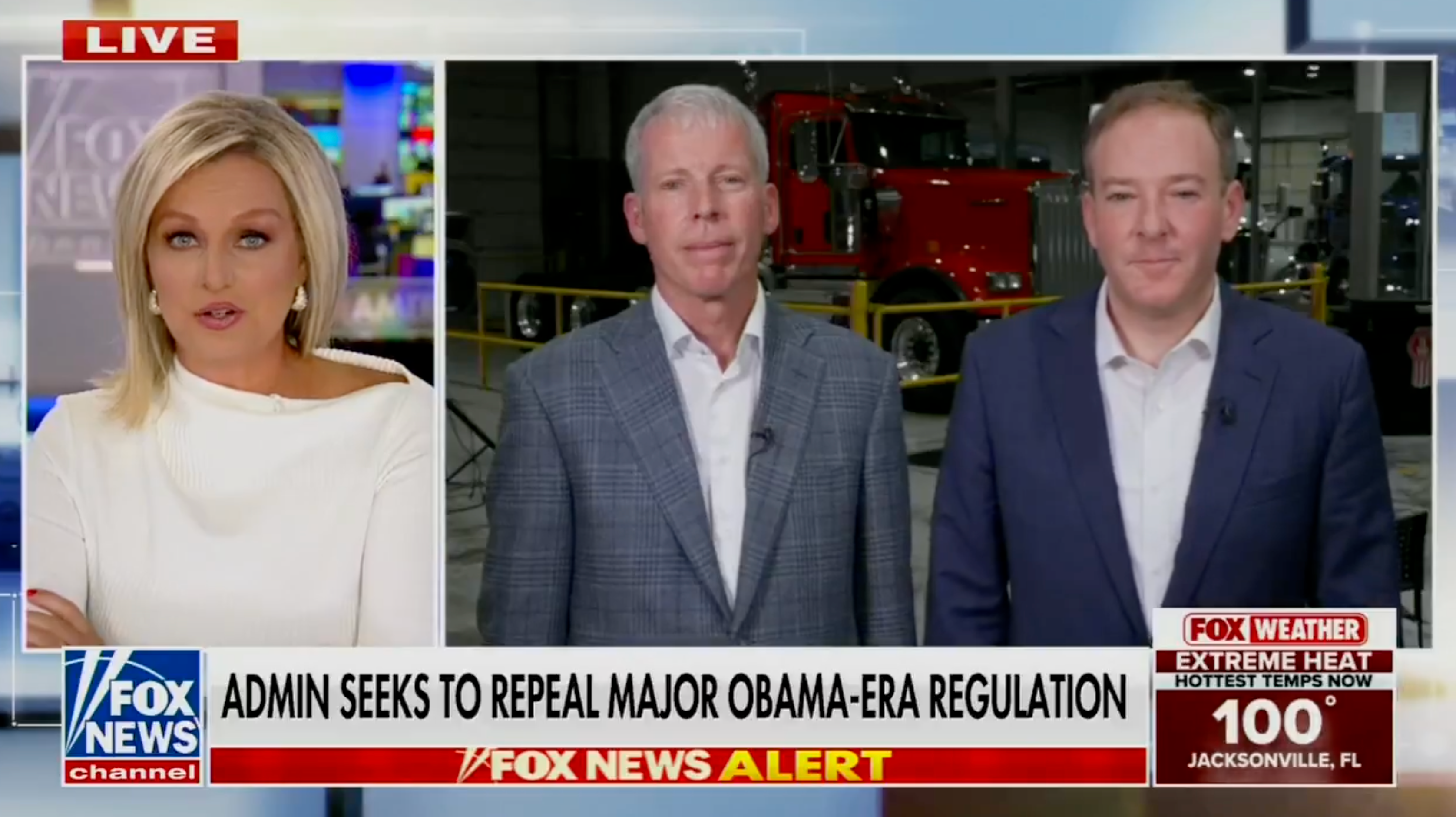 News broadcast with two men interviewed remotely about repealing an Obama-era regulation. Header mentions &quot;Extreme Heat&quot; in Jacksonville at 100°F