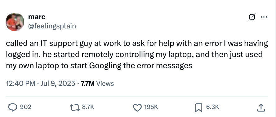 Tweet about an IT support guy using the author's laptop to Google error messages while resolving a login problem