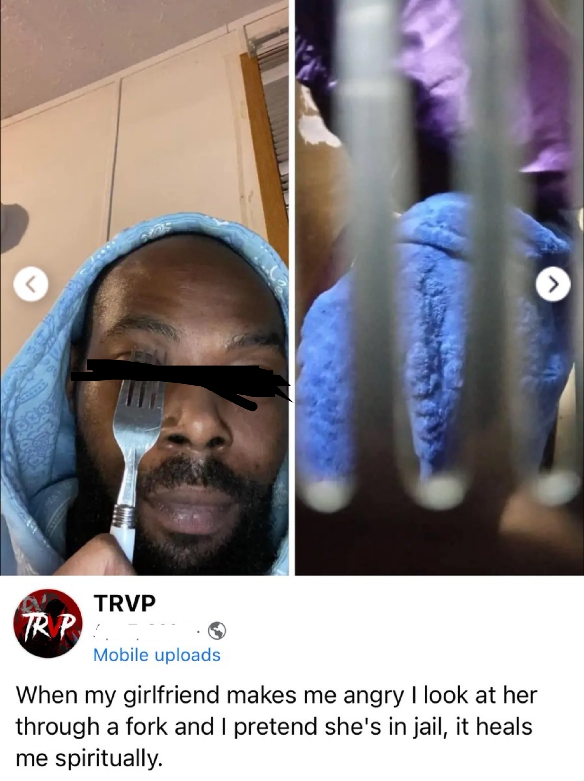Man holding fork to face, simulating jail bars in social media post about pretending his girlfriend is in jail to cope with anger