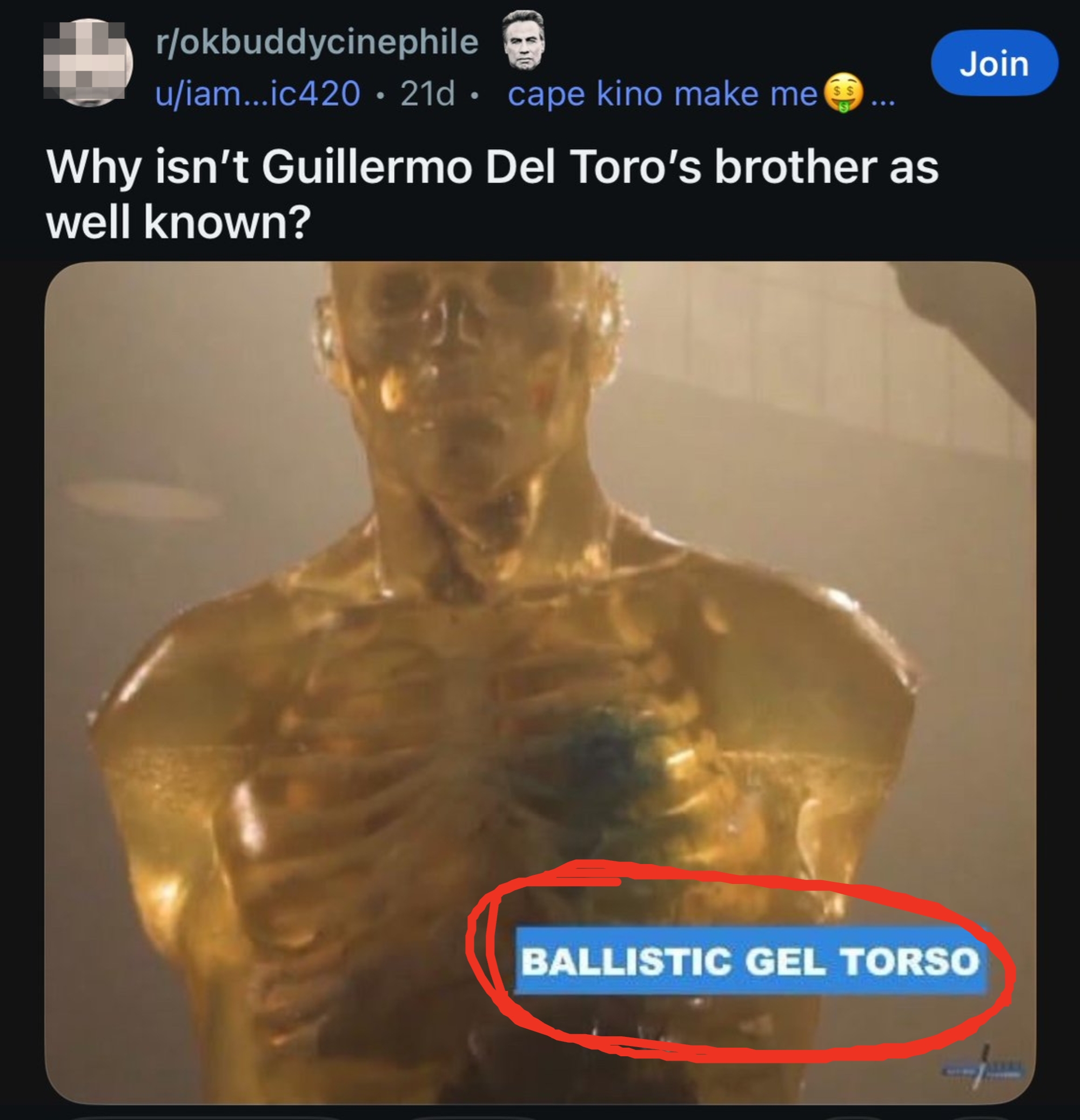 A gilded ballistic gel torso is humorously labeled as "Guillermo Del Toro's brother" in a social media post